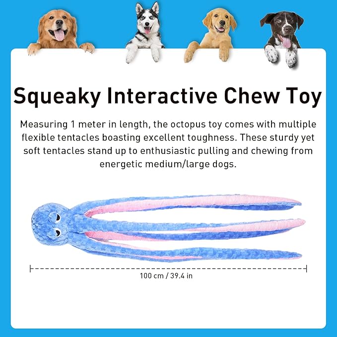 1M Long Giant Octopus Tough Dog Toy - Squeaky Interactive Tug of War Chew Toy, Boredom Buster for Medium & Large Dogs (Blue)