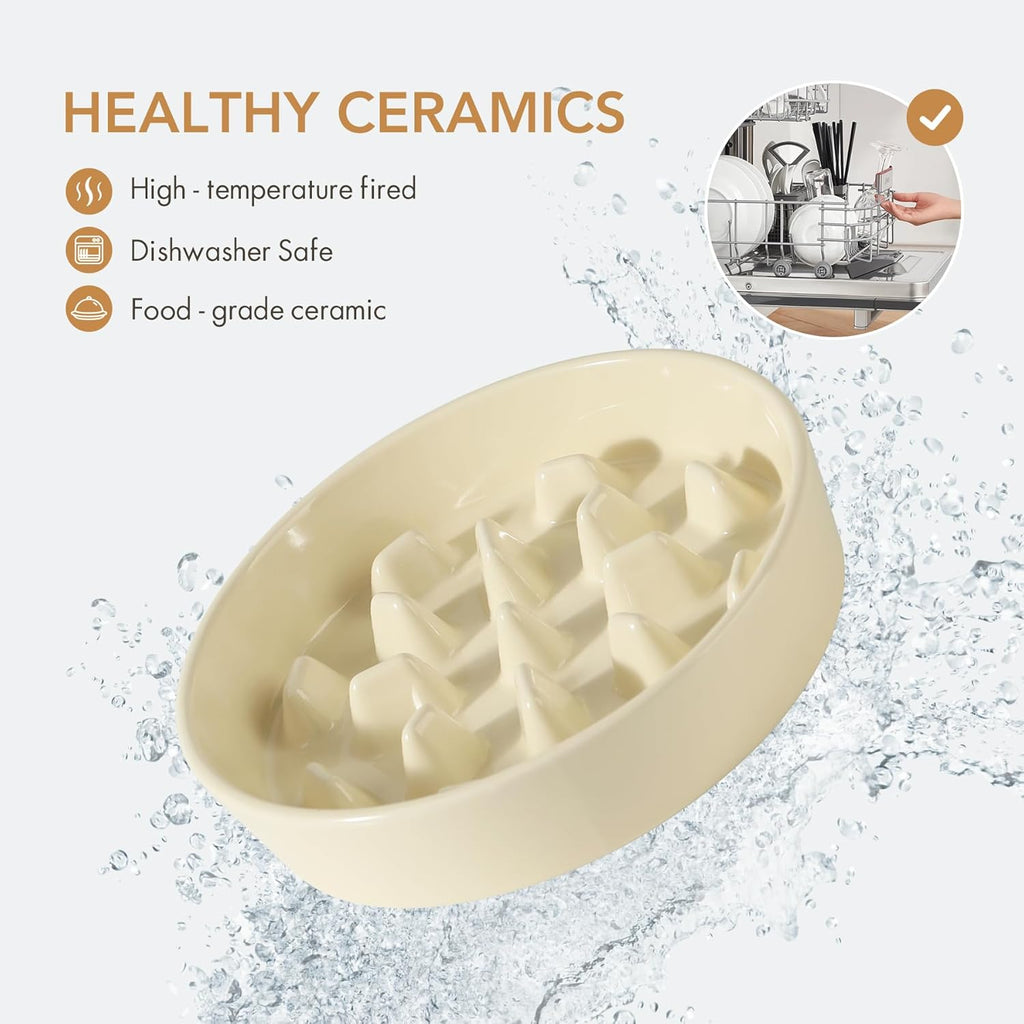 Ceramic Raised Slow Feeder Dog Bowl Set, Elevated 8.2inch Bowl and 9.5inch Slow Pet Food Dish with Wooden Stand for Large Dog (2 x Beige+ Stand)