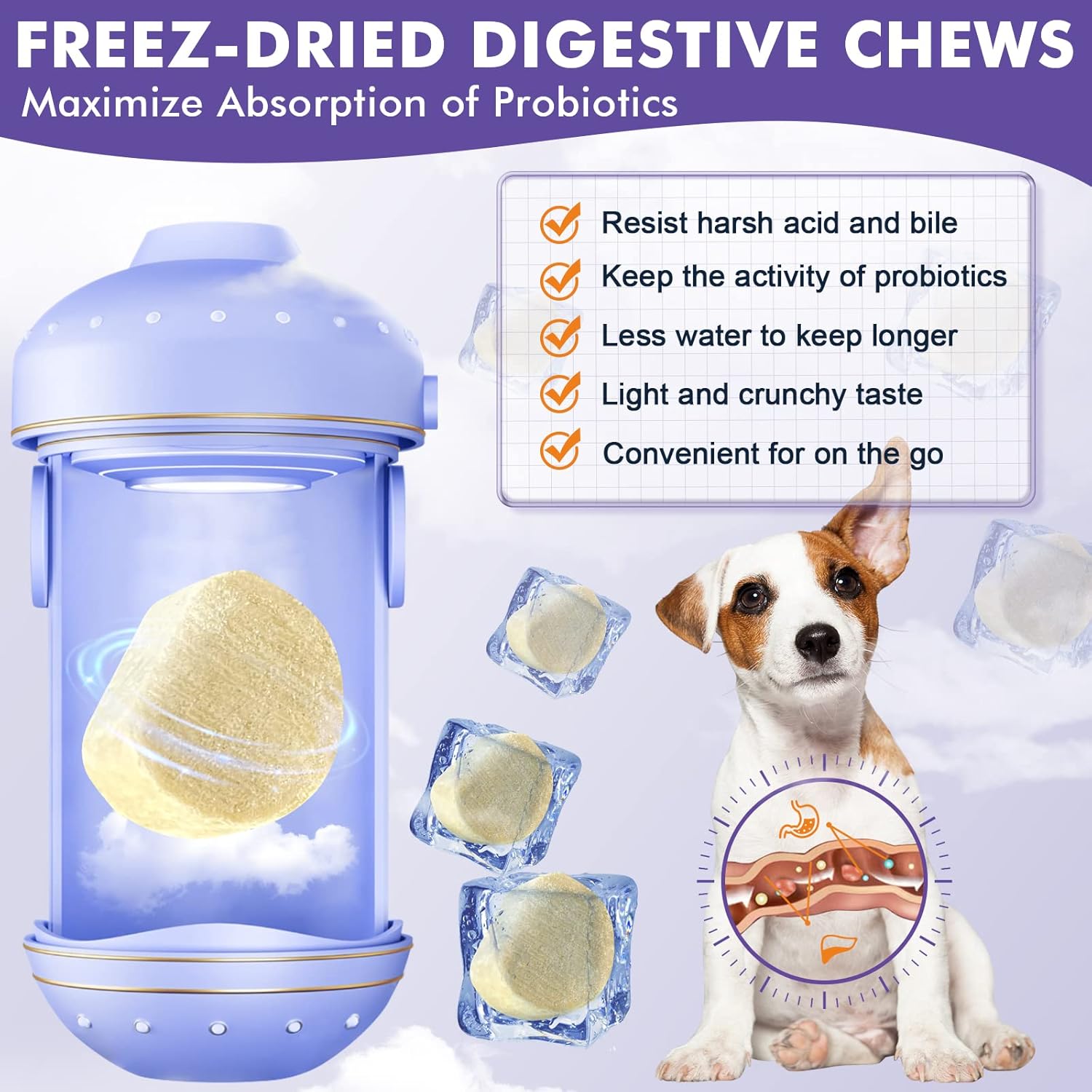 Probiotics for Dogs, Freeze-Dried Dog Probiotics and Digestive Enzymes, Plus Omega-3 for Itchy Skin, 3-in-1 Prebiotics for Digestive Health, Dog Vitamins and Supplements for Immune Health, 120 Bites