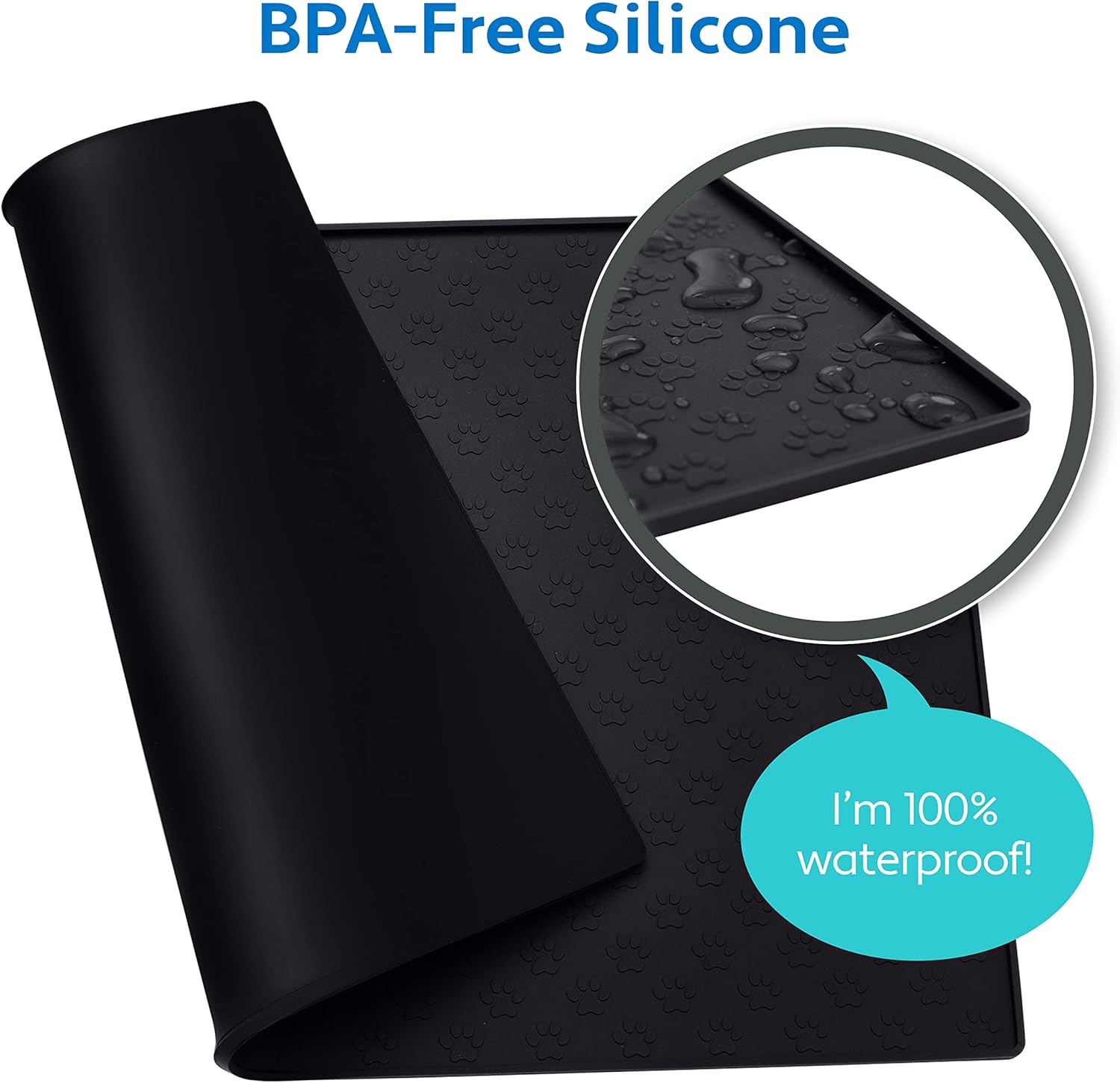 MIGHTY MONKEY 100% Waterproof Dog Food Mat, Raised Edges Silicone Pet Feeding Placemat for Cat, Dogs, Pet Bowls, High Lipped Tray Prevents Water Spills, Food on Floor, Dishwasher Safe, 24x16, Black