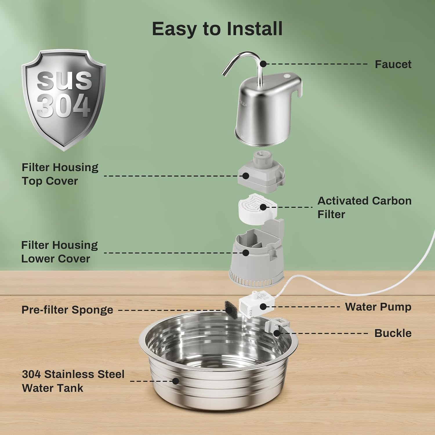 Cat Water Fountain, 4L/135OZ Stainless Steel Pet Fountain Dog Water Dispenser with 3 Filters & 3 Sponges, Dog Water Bowl Cat Drinking Fountains Watering Supplies with Ultra-Quiet Pump for Pets Indoor