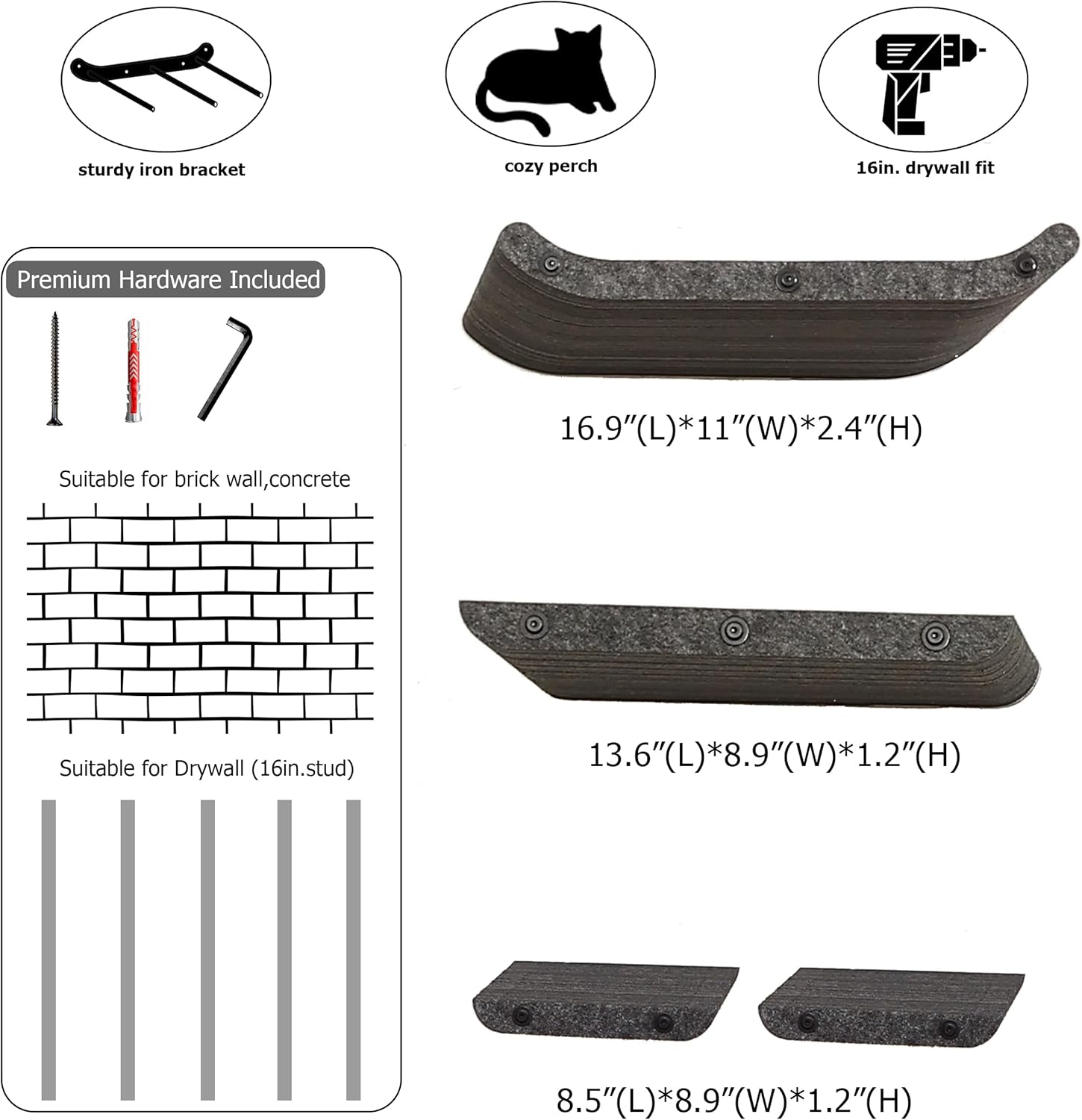 Wall Mounted Cat Shelves and Perches,Scratchable Cat Beds & Furniture for Indoor Cats, Soft PET Felt Feline Climbing Wall Set, Modern Jungle Gym System for Lounging and Sleeping (Set of 4-Grey)