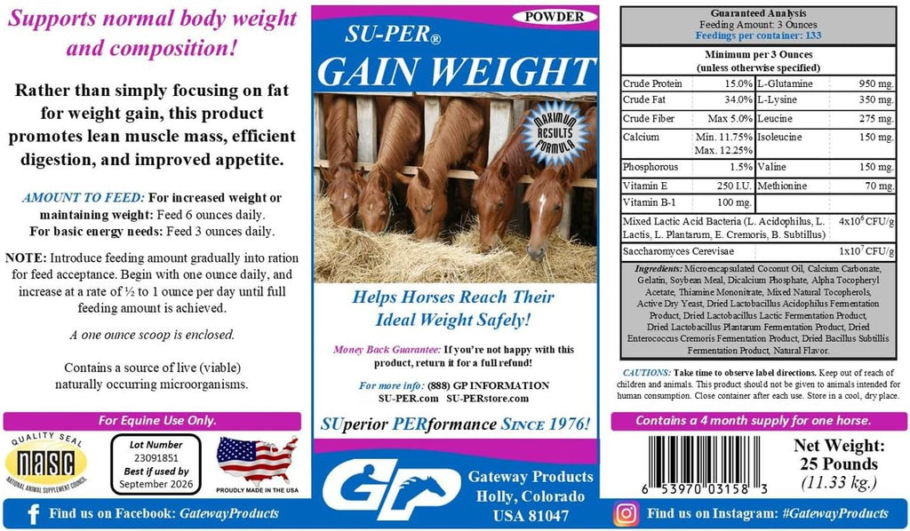 SU-PER Gain Weight for Horses - Equine Supplement Weight Gainer for Horses - Promotes Lean Muscle Mass, Digestion & Appetite - 25 Pound, 4 Month Supply