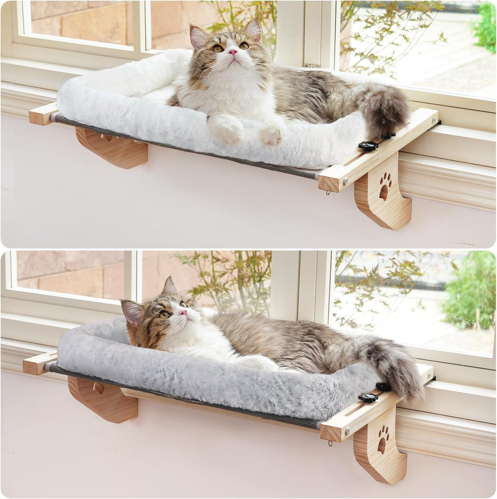 AMOSIJOY Cat Sill Window Perch Sturdy Hammock Window Seat with Cushion Bed Cover, Wood & Metal Frame for Large Cats, Easy to Adjust Cat Bed for Windowsill, Bedside, Drawer and Cabinet (M)