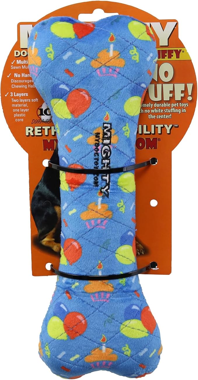 MIGHTY- NO Stuff Bone– Squeaky Plastic Core. 2-in-1 Toy. Made Durable, Strong & Tough. Interactive Play Dog Toy (Tug, Toss & Fetch). It Floats. (Celebration, Large 2 Pack)