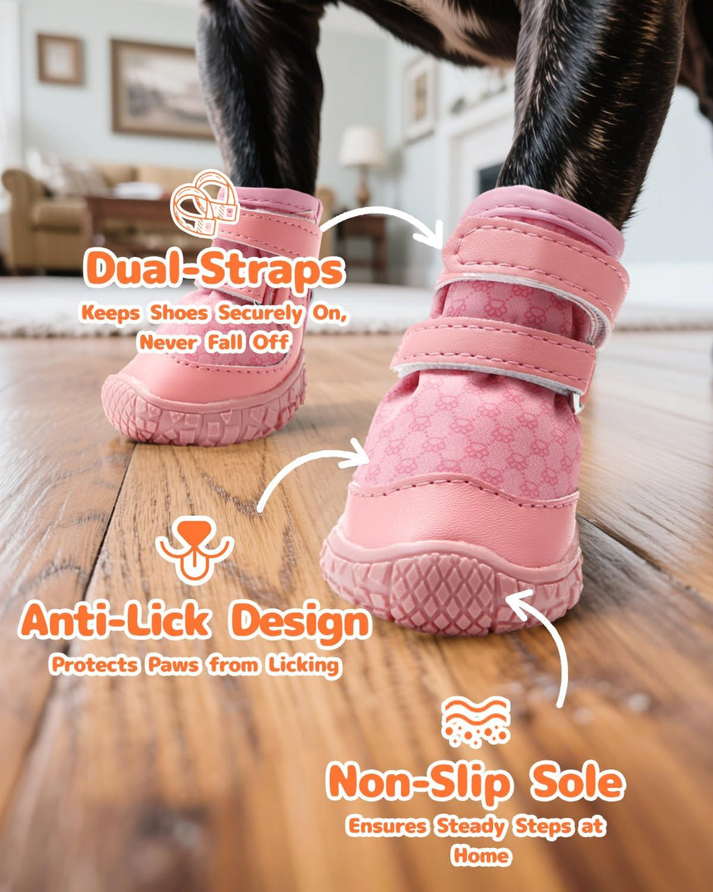 Dog Shoes for Small Dogs, Double Binding Straps Puppy Boots & Paw Protectors for Summer Hot Pavement, Winter Snow, Dog Booties with Anti-Slip Rubber Soles for Beach Hardwood Floor Pink Size 3