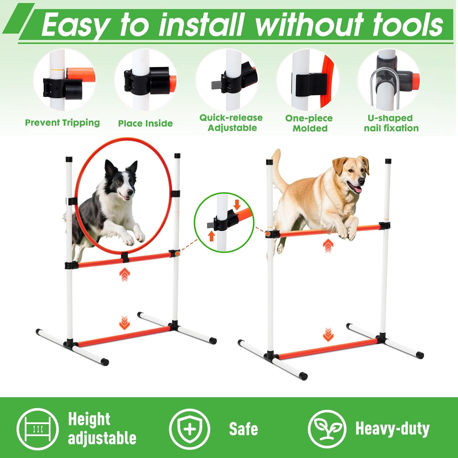 Dog Agility Course Backyard Set, Dog Agility Equipment, Pet obstacle Course Backyard with 6 Dual Mode Weave Poles, 2 Adjustable Hurdle, Jump Ring, Tunnel, Pause Box, Toy Balls and 2 Carrying Bags