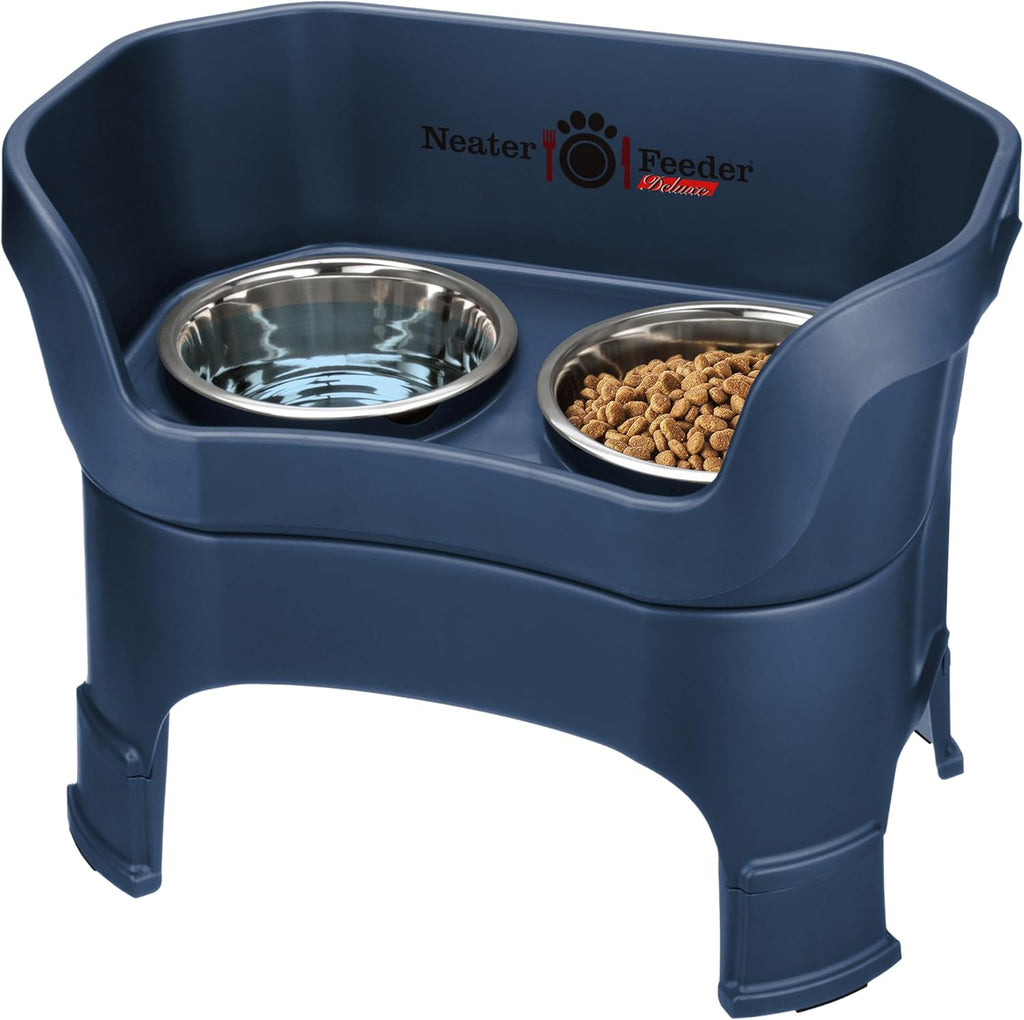 Neater Feeder Deluxe Mess Proof Dog Bowls Elevated for Large Dogs – Made in USA – No Spill Raised Dog Food Bowl Stand w/Leg Extensions – Stainless Steel Food and Water Bowl Set – Dark Blue