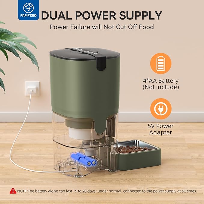 PAPIFEED Automatic Cat Feeder Upgrade, WiFi Pet Feeder with APP Control for Remote Feeding, Detachable for Easy Clean, Dual Power Supply,1-10 Meals Per Day for Multiple Pets (Greener)