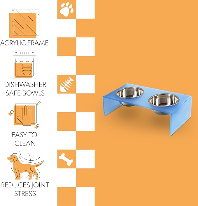 The LICKER Store DBL2000C Keaton 5" Small/Medium Modern Acrylic Rectangular Elevated Pet Feeder with 20oz 2-Stainless Steel Bowls, Blue/Chrome