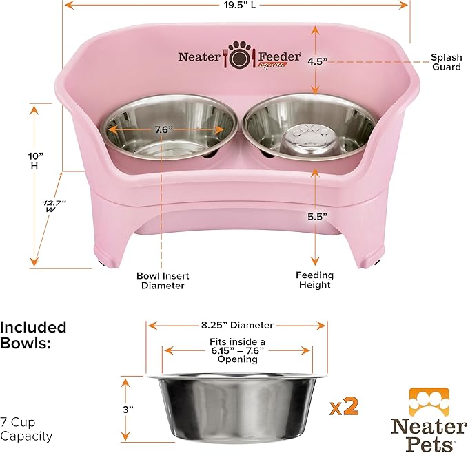 Neater Feeder - Express Model w/Slow Feed Bowl - Mess-Proof Dog Bowls (M/L, Pink) Made in USA – Elevated, No Spill, Non-Tip, Non-Slip, Raised Stainless Steel Food/Water Pet Bowls Aid Digestion