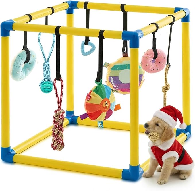 Soulchen Puppy Play Gym with 8 Hanging Toys, Small Dogs Enrichment Interactive Toys 16.5 Inch Pets Indoor Jungle Gym PVC Frame with Bungee Straps Enrichment Activity Center