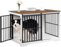 XL Large Dog Crate Furniture, 44.1" Indoor Dog Kennel Furniture with Barn Door, Wooden Tall Dog Crate, Heavy Duty Dog Cage for Large Dogs, Side End Table, Anti-Chew, White Brown DFC80114B