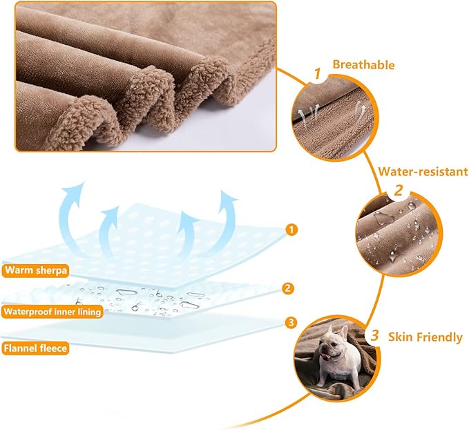Waterproof Big Browm Dog Blanket for Bed Cover Reversible Pet Puppy Fluffy Jacquard Blankets Leakproof Mats for Sofa Couch Cover Washable-Camel,XXL