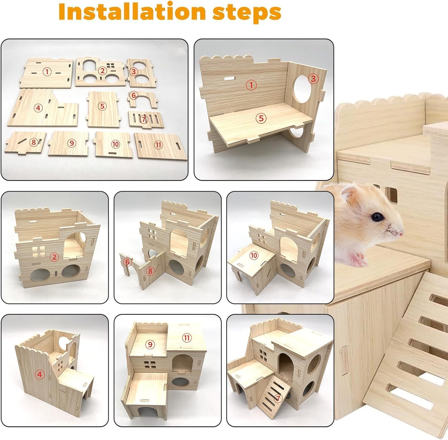 Hamster Toys 5-Piece Set ，Hamster House, Swing, Climbing Ladder, Seesaw & Exercise Wheel，Pet DIY Sport Exercise Toys Set, Small Animal Habitat Accessories ，Gerbils, Mice（Natural Wood）