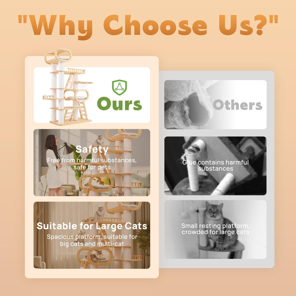 76.8'' Modern Cat Tree for Indoor Cats, Tall Wooden Cat Tower for Home Decoration, Multi-Level Tower with Transparent Cat Bed, Huge Cat Condo for Multi-Cat Families