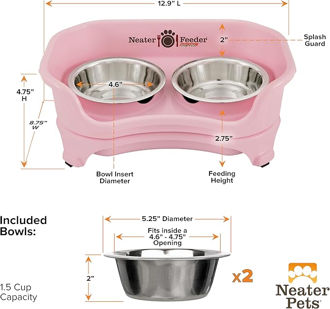 Neater Feeder Express Mess Proof Dog Bowls Elevated for Small Breeds Under 15 Lb, Made in USA, No Spill Raised Dog Food Bowl Stand, Stainless Steel Food and Water Bowl Set, Feeding Station, Pink