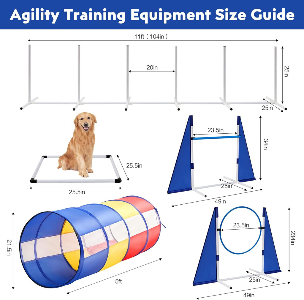Dog Agility Training Equipment,Course Backyard Set Training Equipment for Dogs Pet Outdoor Game with Yellow, Blue and Red Tunnel, Agility Hurdle, Poles, Jump Ring, Pause Box, Toy Balls and Storage Bag