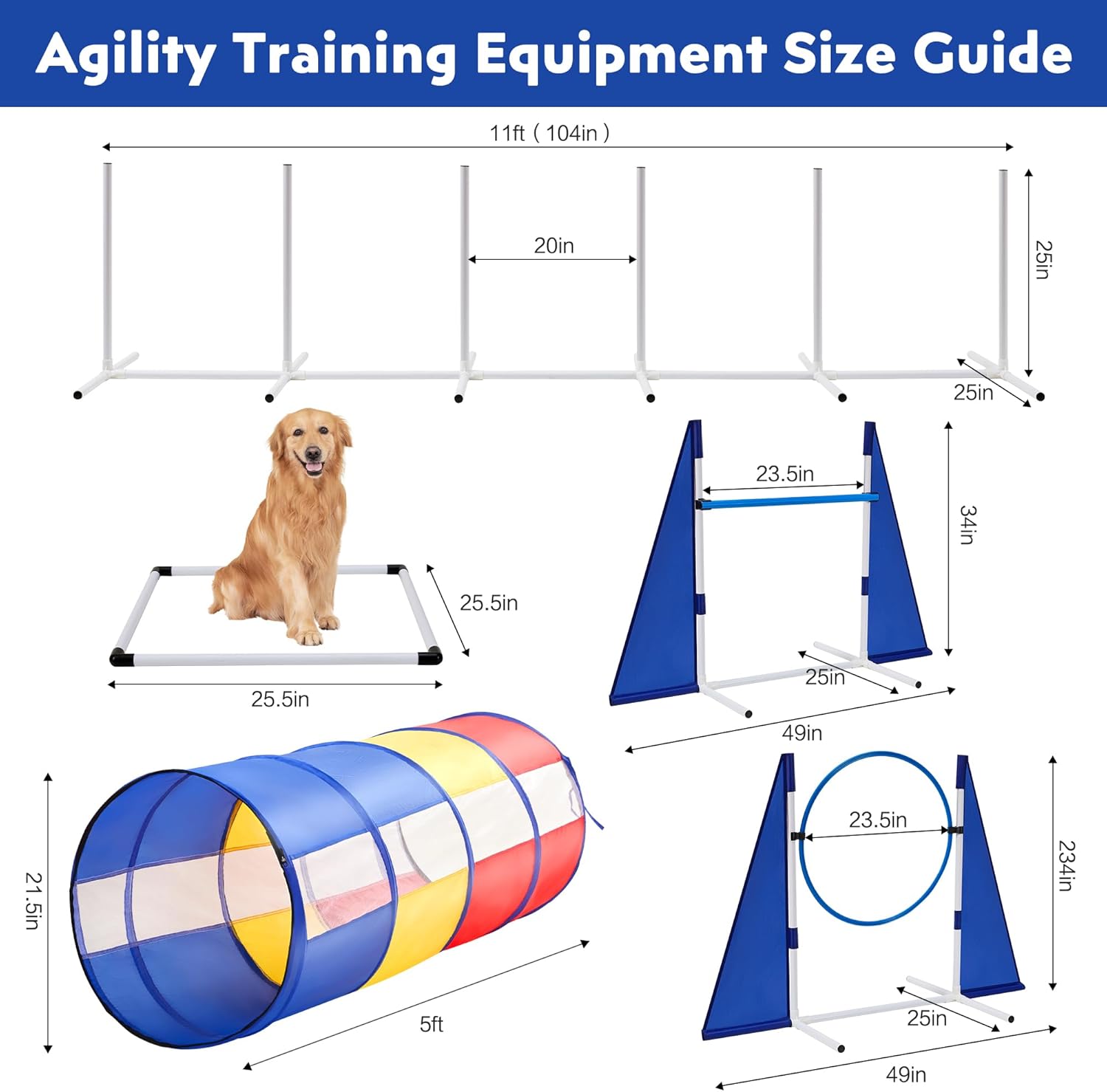 Dog Agility Training Equipment,Course Backyard Set Training Equipment for Dogs Pet Outdoor Game with Yellow, Blue and Red Tunnel, Agility Hurdle, Poles, Jump Ring, Pause Box, Toy Balls and Storage Bag