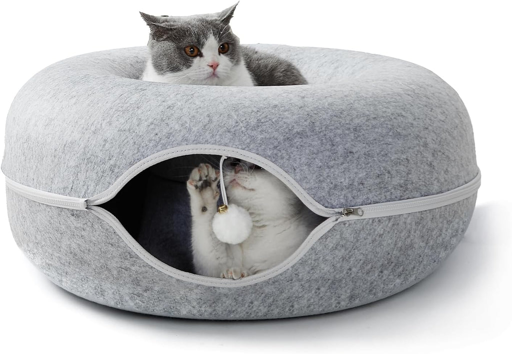 Jia Xi Cat Tunnel and Bed Combo - Donut Cat Condo & Cave, Universal for All Seasons (24 in * 24 in * 11 in), Light Grey