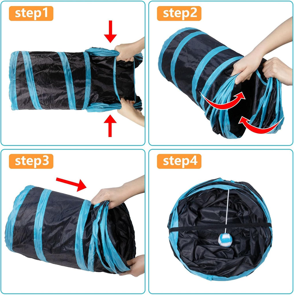 Cat Tunnel, 3 Way Cat Tunnels for Indoor Cats, Foldable Cat Tubes and Tunnels for Cats Kittens, Kitty Bored Peek Hole Toy Ball Cat, Puppy, Kitty, Kitten, Rabbit, Guinea Pigs (Blue & Black)