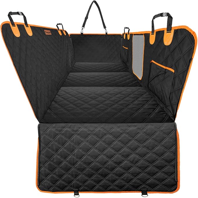 Hard Bottom Back Seat Extender for Dogs, Waterproof Dog Car Seat Cover, 420lb Support, 600D Heavy Duty Car Seat Protector Dog Hammock for Sedan, SUV, Small Truck(Black & Orange)