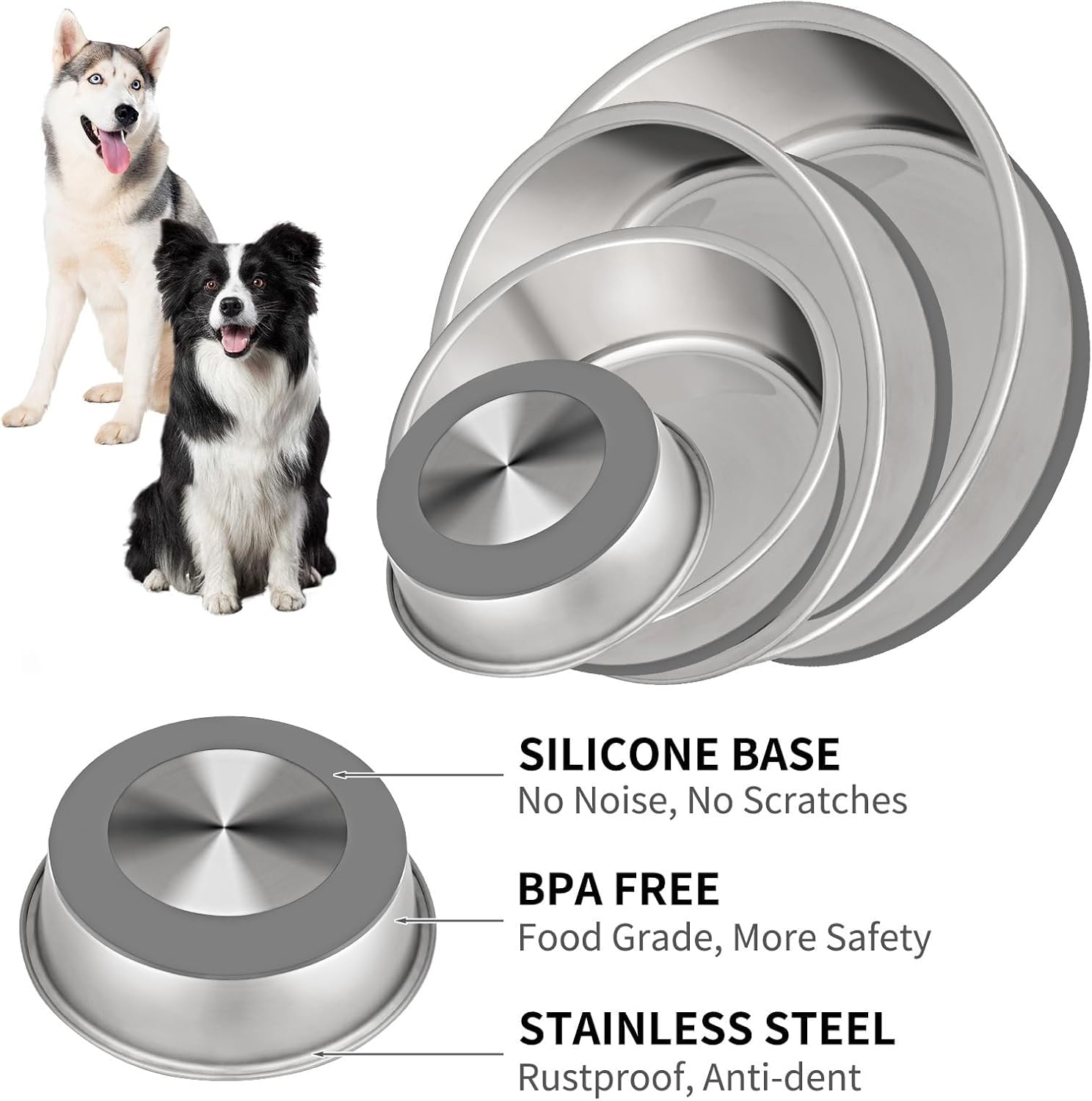 Taglory 8 Cup Stainless Steel Dog Bowls Set of 2 for Food and Water, Silicone Base Anti-Slip, Rust Resistant, Extra Thick Metal Bowls for Medium Dogs, 59oz, Gray