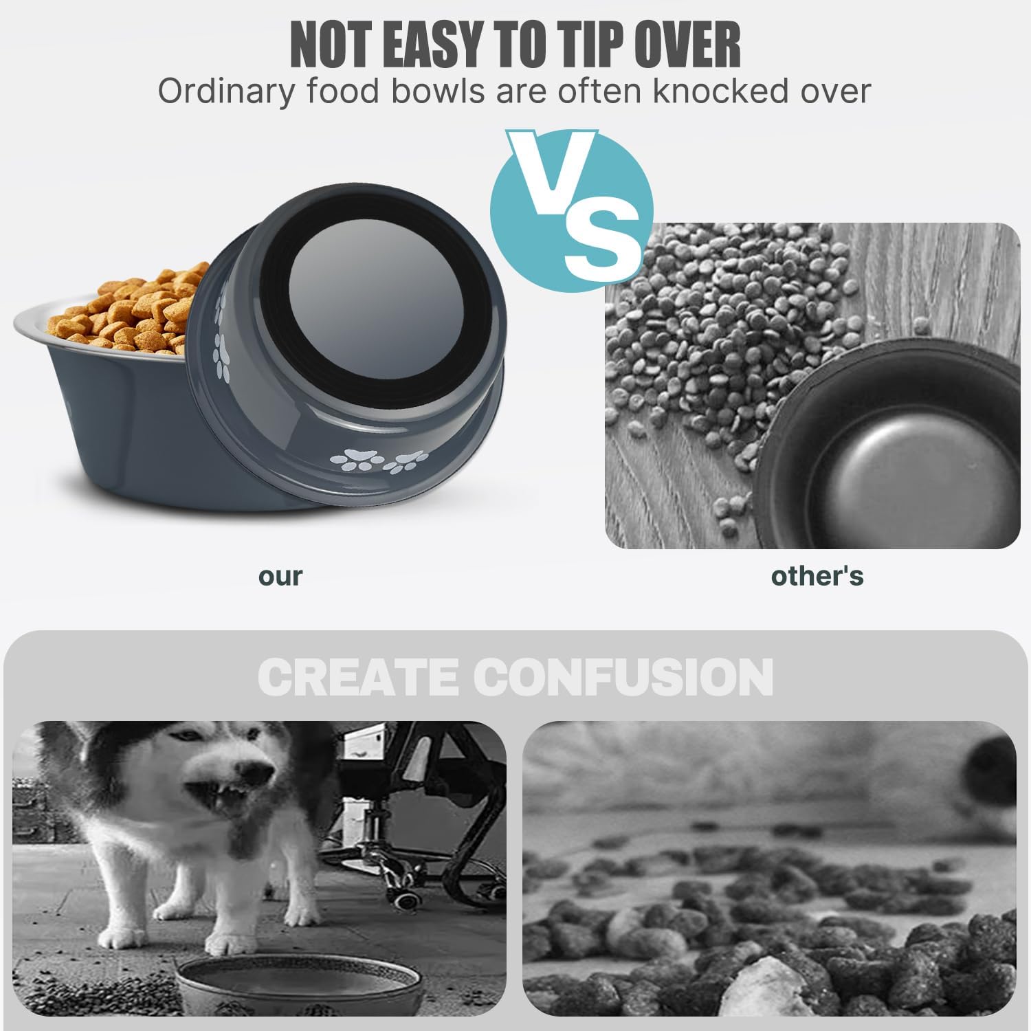 Stainless Steel Dog Bowls, Nonslip Rubber Bottom No Spill Proof Skid Metal Insulated Dog Bowls for Large Medium Small Breed Dogs (Grey, 3.6 Cups/29 OZ)