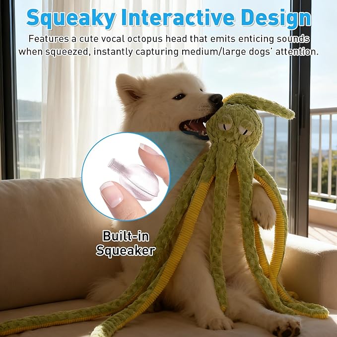 1M Long Giant Octopus Tough Dog Toy - Squeaky Interactive Tug of War Chew Toy, Boredom Buster for Medium & Large Dogs (Green)