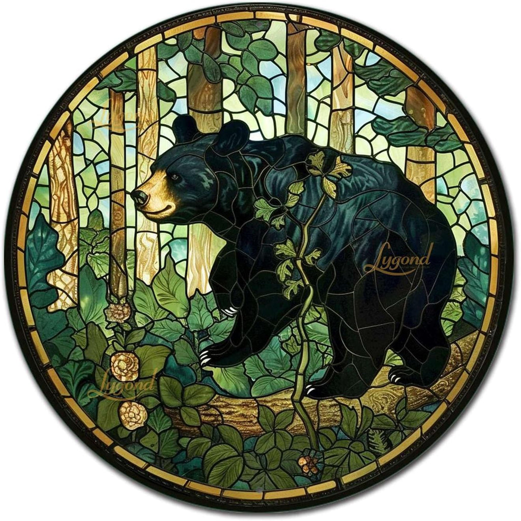 Lygond Metal Sign Tin Sign Circular Stained Glass American Black Bear Minimalist Wall Art for Garage 8×8 Inches