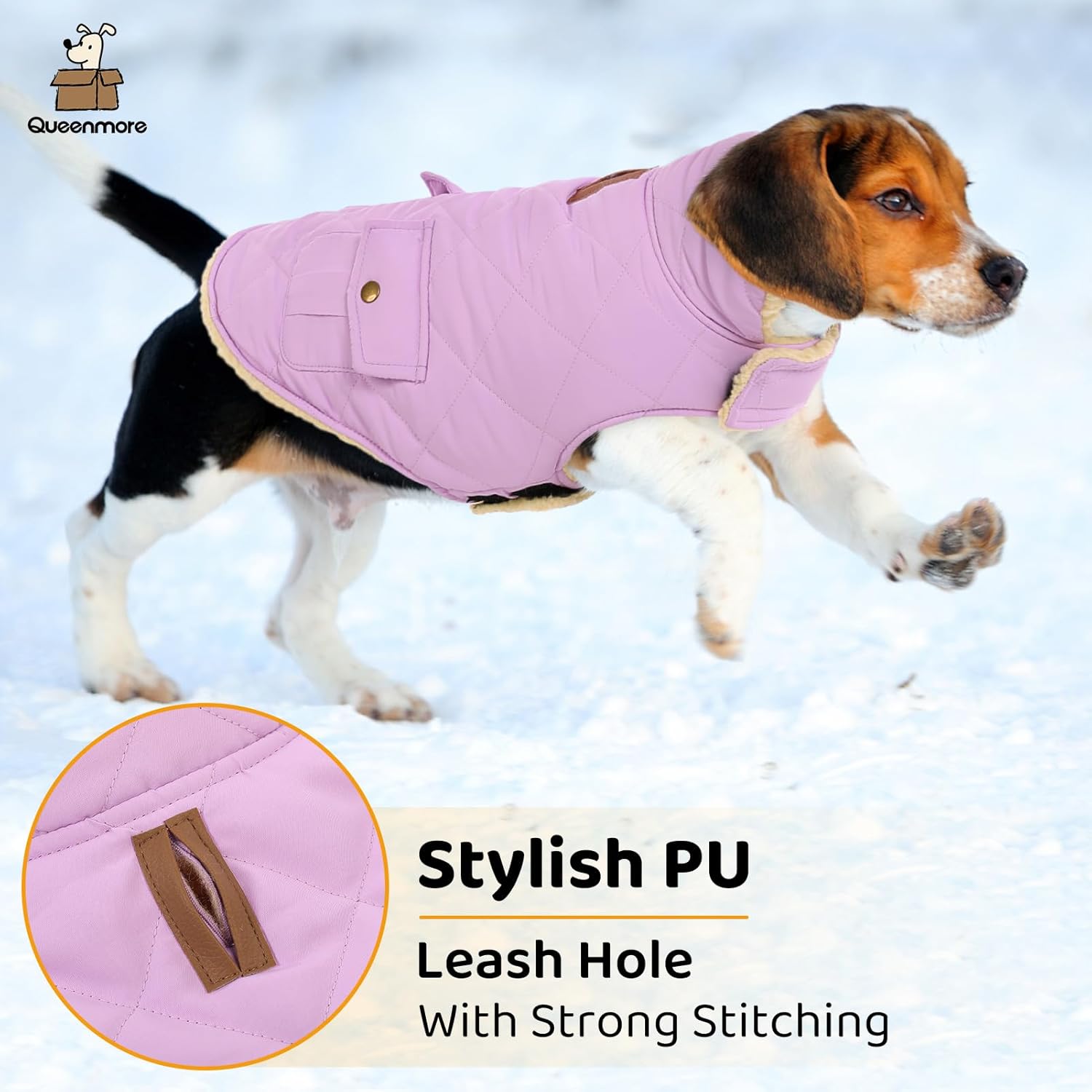 Queenmore Warm Dog Coat, Cold Weather Puffer Dog Coat Vest, Quilting Winter Pet Jacket Ultra Thick Plush Fleece Lining Pet Clothes for Dogs with Storage Pockets (Lilac,Large)