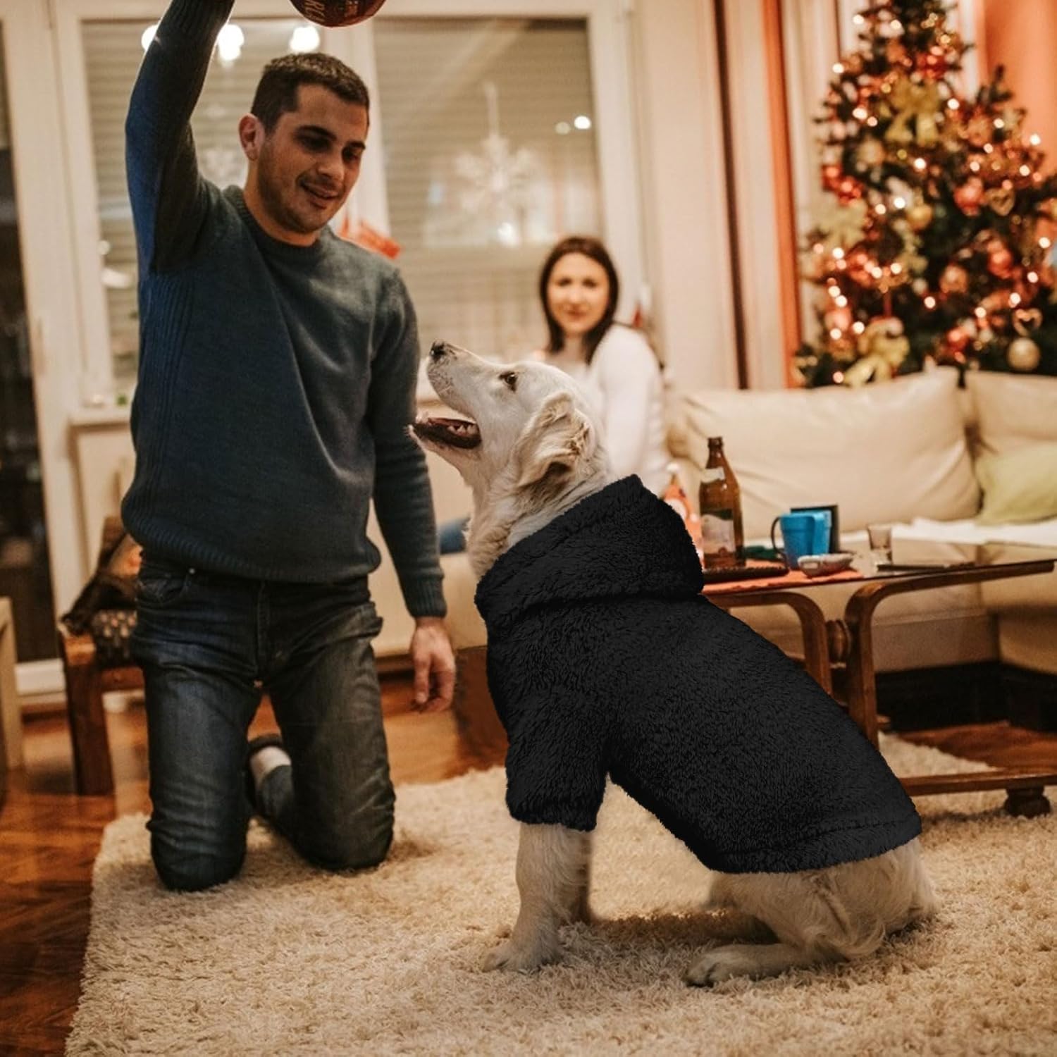 Fuzzy Dog Sweaters for Large Dogs Pet Hoodie Clothes Warm Soft Pet Coats Hooded Sweatshirt Dog Sweaters for Extra Large Dogs(Black-XL)