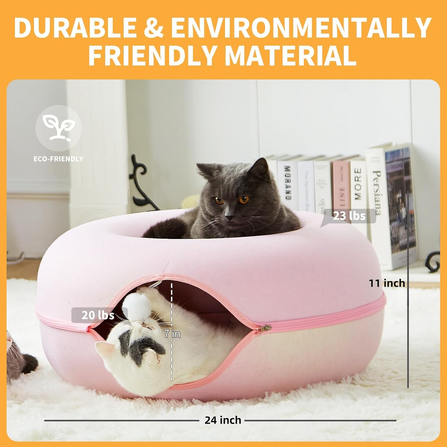 Jia Xi Cat Tunnel Bed & Hideout - Large Indoor Cat Condo & Cave (24 inch, Pink)
