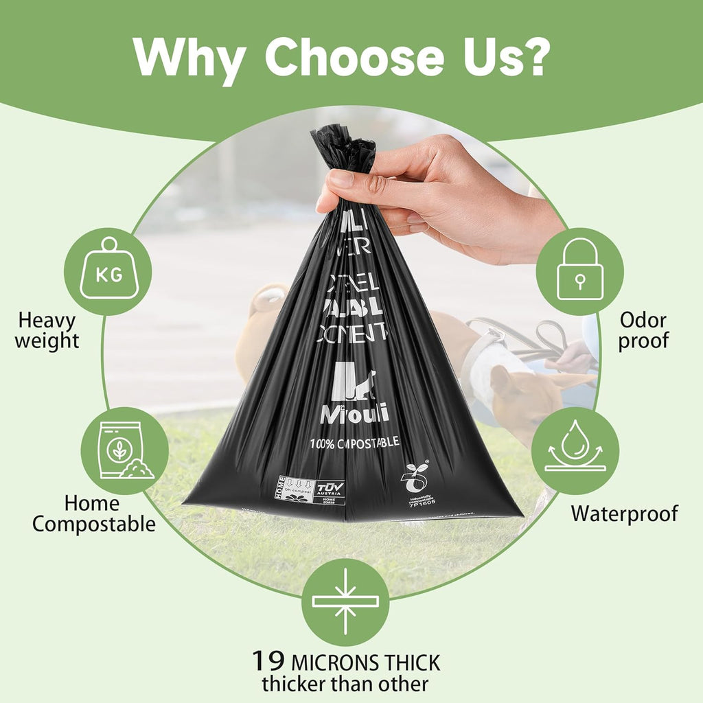 100% Certified Compostable Dog Poop Bag Rolls, 120 Bags (8 Rolls) Eco-Friendly Poop Bags for Dogs, Leak Proof Unscented Easy Open Poop Waste Bag（Black）