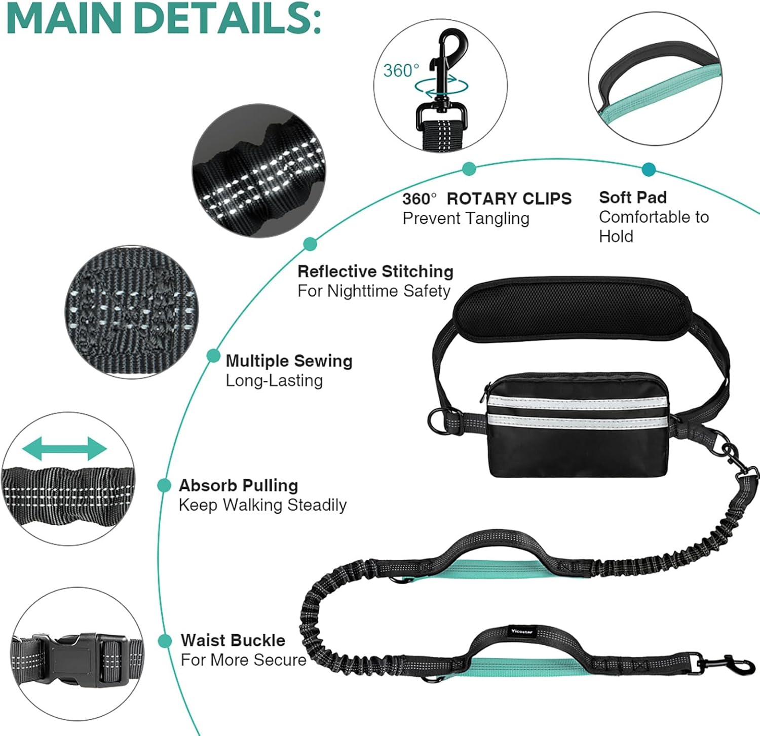 Hands Free Dog Leash, Retractable Bungee with Double Padded Handles, Waist Leash for Dog Walking, Heavy Duty for Large Dogs, Mint Green