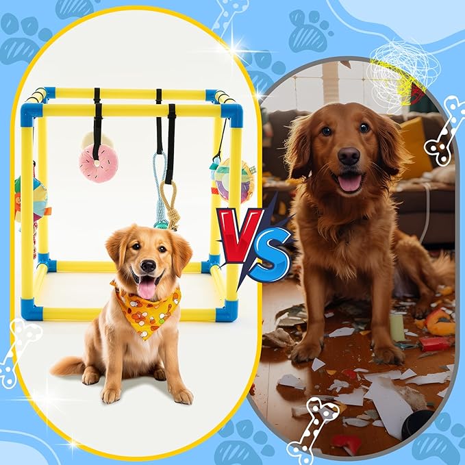 Soulchen Puppy Play Gym with 8 Hanging Toys, Small Dogs Enrichment Interactive Toys 19.7 Inch Pets Indoor Jungle Gym PVC Frame with Bungee Straps Enrichment Activity Center