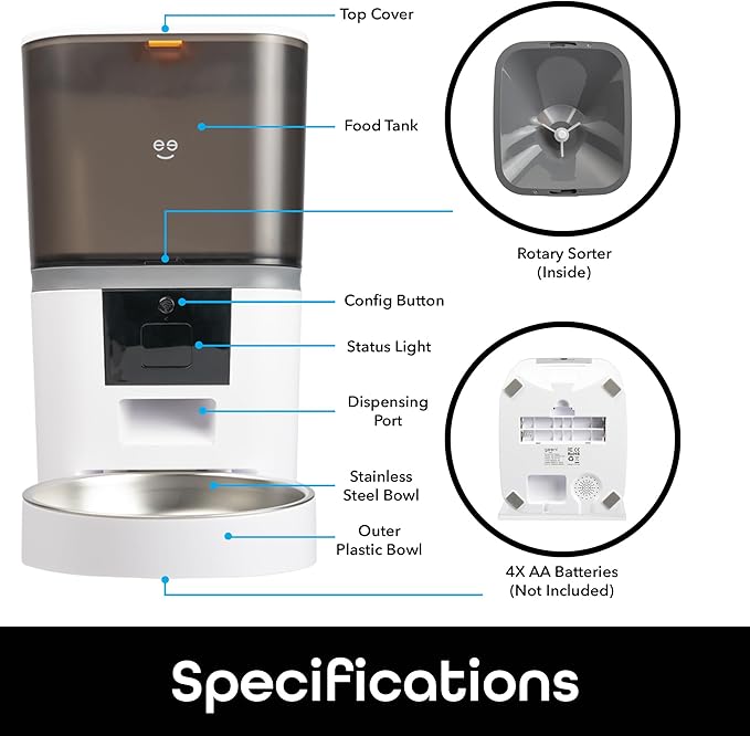 Geeni 6L Smart Pet Feeder - Automatic Cat and Dog Food Dispenser, WiFi Control, Voice Recorder, Battery Backup, Large Capacity, Portion Control - White