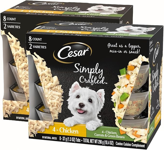 Cesar Simply Crafted Wet Dog Food Toppers for Dry Food, Chicken and Chicken, Carrots & Green Beans Meal Topper Variety Pack, 1.3 oz. Tubs, 8 Count (Pack of 2)