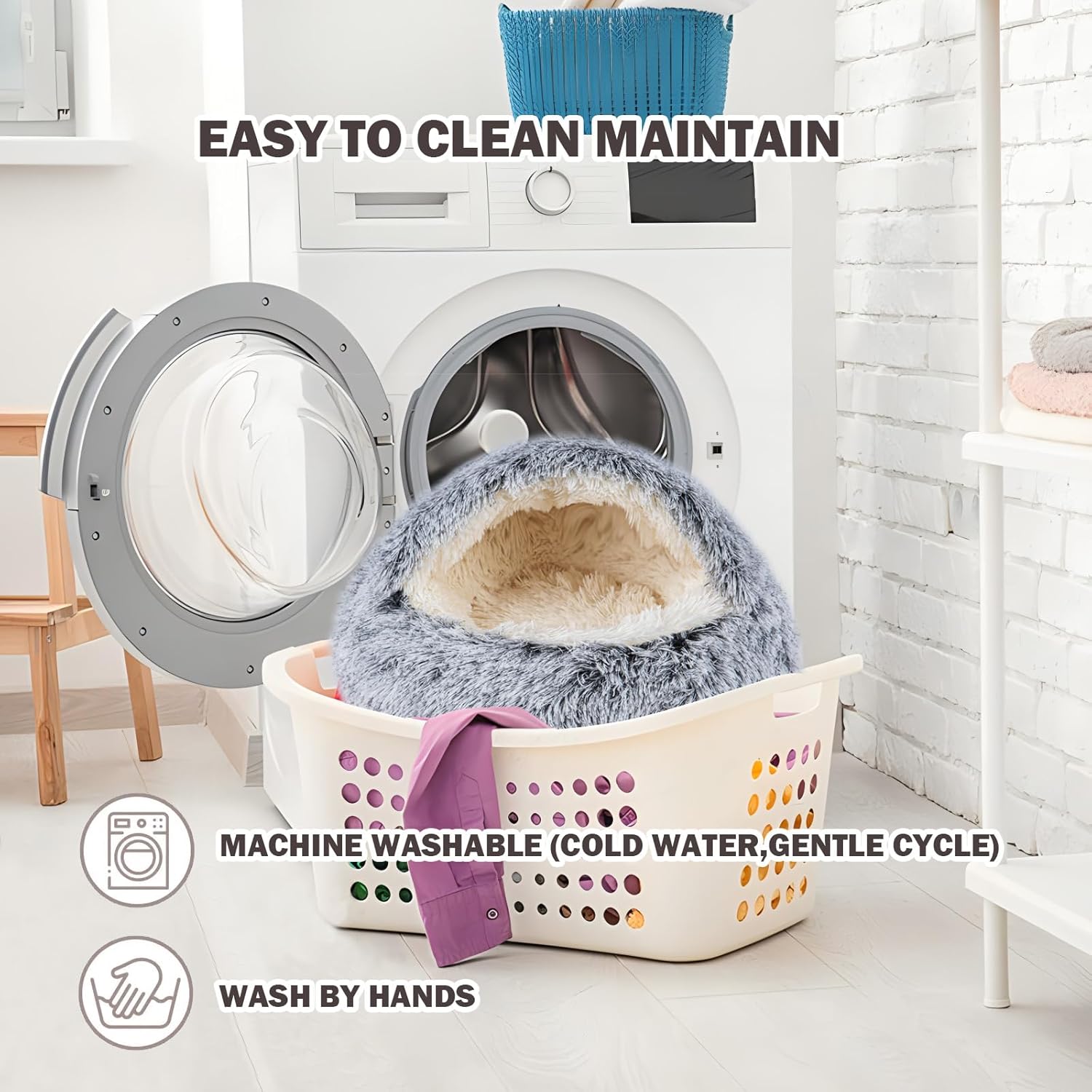 Cat Bed for Indoor Cats, Calming Cozy Cave with Self-Warming Plush, Entire Bed Machine Washable & Anti-Slip Base, Breathable Pet Bed for Small Cats&Dogs All Seasons (Grey, 20 * 20inch)