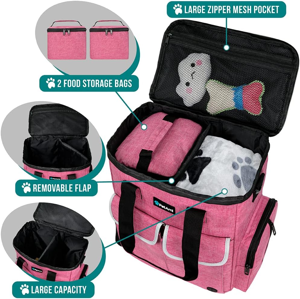 PetAmi Dog Travel Bag Pet Supplies Accessories Organizer for Traveling, Camping, Weekend; Cat Pet Travel Bag Kit Includes 2 Food Storage Containers, 2 Collapsible Bowls, 1 Feeding Mat (Pink)