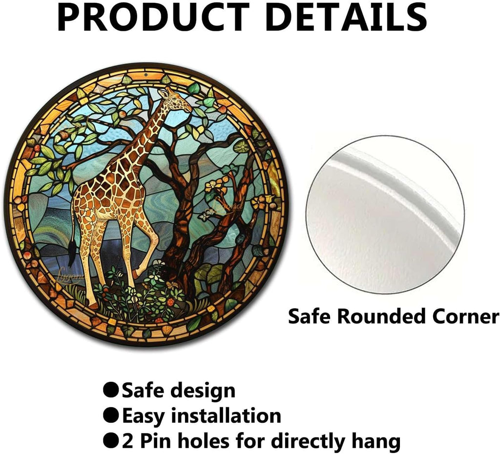 Lygond Metal Sign Tin Sign Circular Stained Glass Giraffe Bathroom Signs for Home for Garage 8×8 Inches