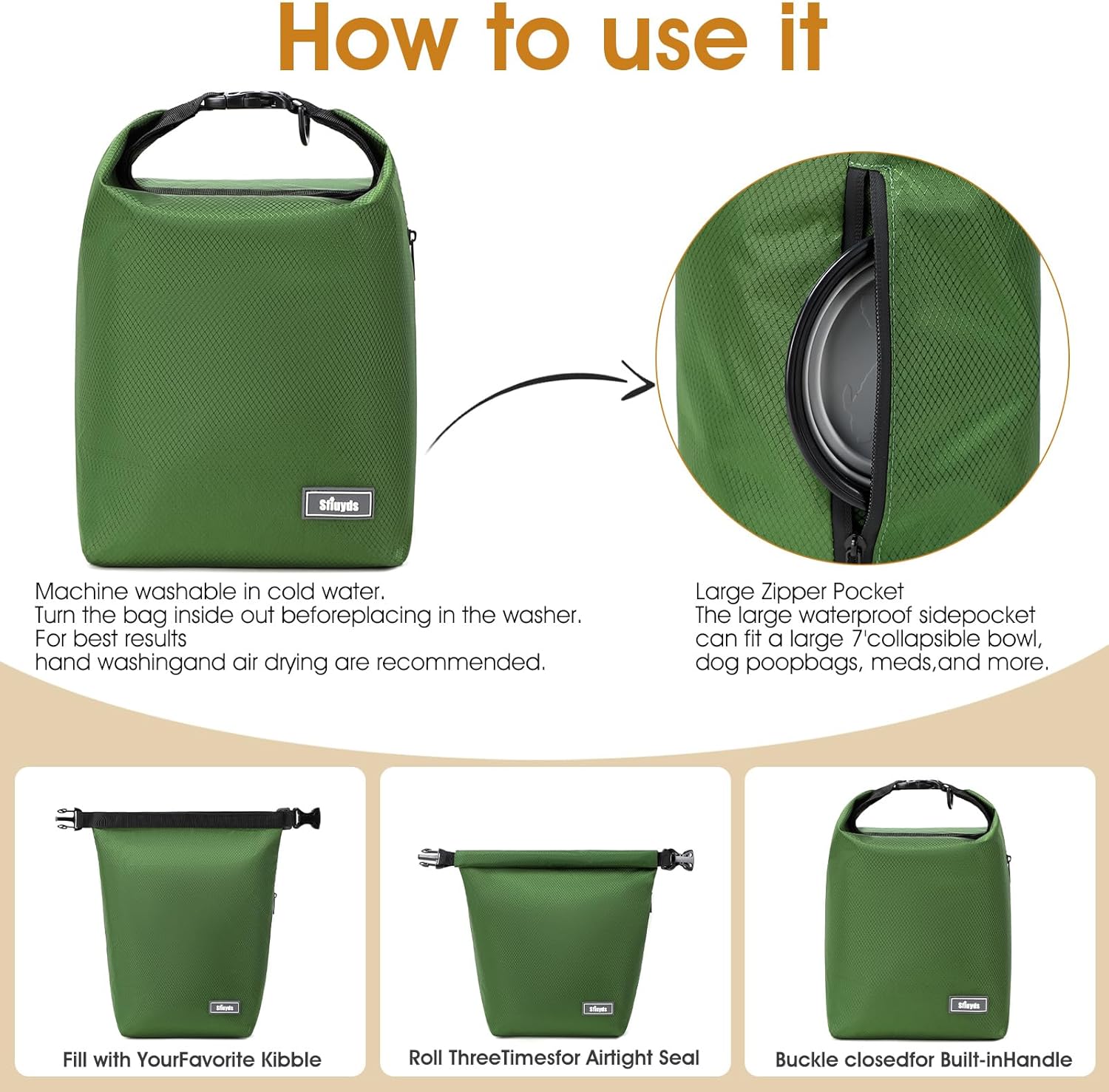 Dog Food Travel Bag,Pet Food Container 20 lb w/2PCS Collapsible Dog Travel Bowls and Zipper Side Pocket(Green, Large)