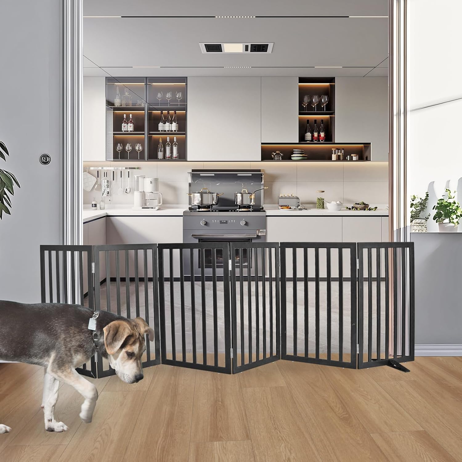 ZJSF Freestanding Indoor Dog Gate for House Foldable Wood Puppy Gate for Doorways Pet Gate for Stairs Extra Wide Pet Fence, Black, 32" Height 6 Panels