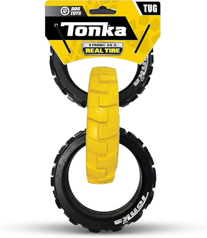 Tonka 3-Ring Tug Outdoor Dog Toy, 10.5 Inch Ring Dog Tug Toy for Medium and Large Breeds, Black/Yellow