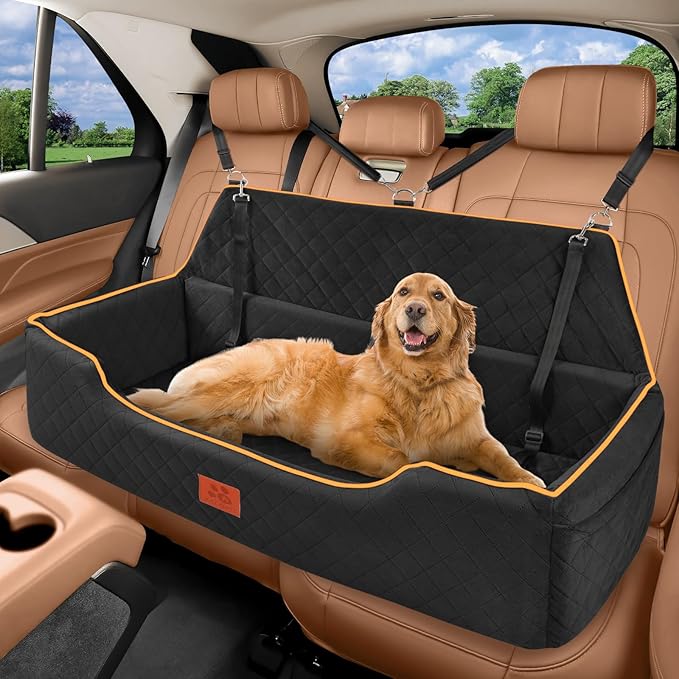 Large Dog Car Seat for Dods Under 100 Lbs, Memory Foam Dog Car Bed for Backseat & Trunk, Detachable and Washable Cover, Pet Travel Seat with Storage Pockets, 2 Safety Belts