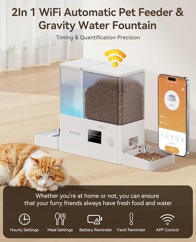 Rojeco 36Cups/8.5L WiFi Automatic Cat Feeder and Gravity Water Dispenser,Stainless Steel Bowls 2-in-1 Large Capacity 5L Food Dispenser with APP and 3.5L Water Fountain for Pets,Dogs,Puppies,Kittens