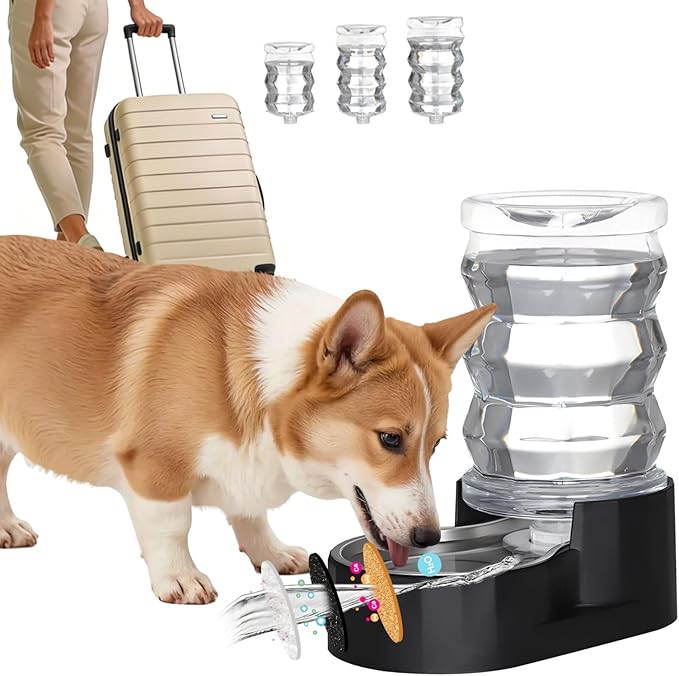 RIZZARI Dog Food Water Dispenser: 7L Automatic Black Large Stainless Steel Waterer with Filter - Gravity Water Feeder - Healthy Hydration for Pets Indoors Outdoors
