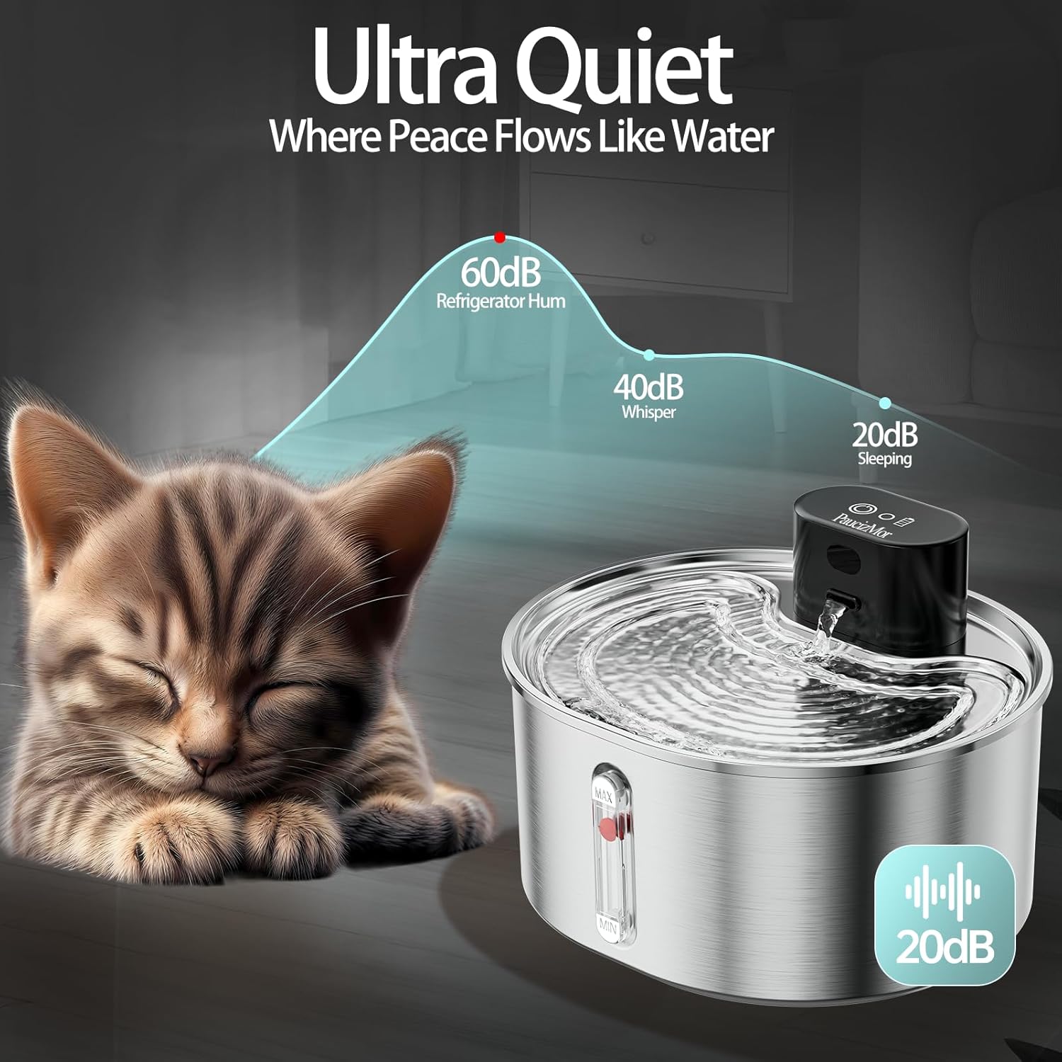 Pumpless Cat Water Fountain Stainless Steel Battery Operated, 108oz/3.2L Wireless Pet Water Fountain, Cordless Automatic Dispenser with 2 Replacement Filters for Cats, Dogs, Multiple Pets