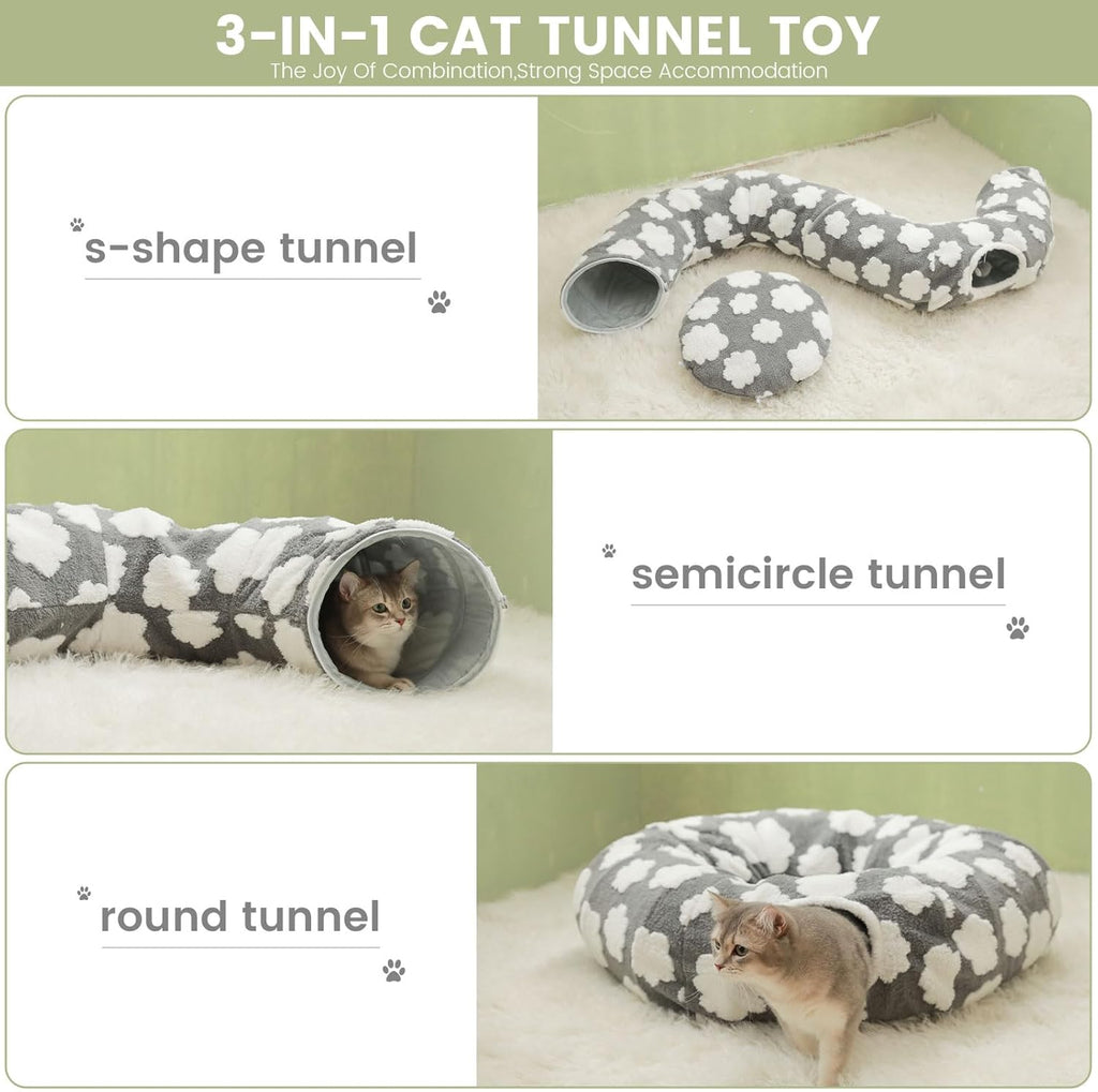 Cat Tunnel Bed for Indoor Cats,Soft Peekaboo Cave Cat Donut Tunnel with Washable Circle Cushion Central Mat, 3 Ways Shaped Round Pet Play Tunnel Toy for Kitten Puppy Rabbit Ferret Yellow