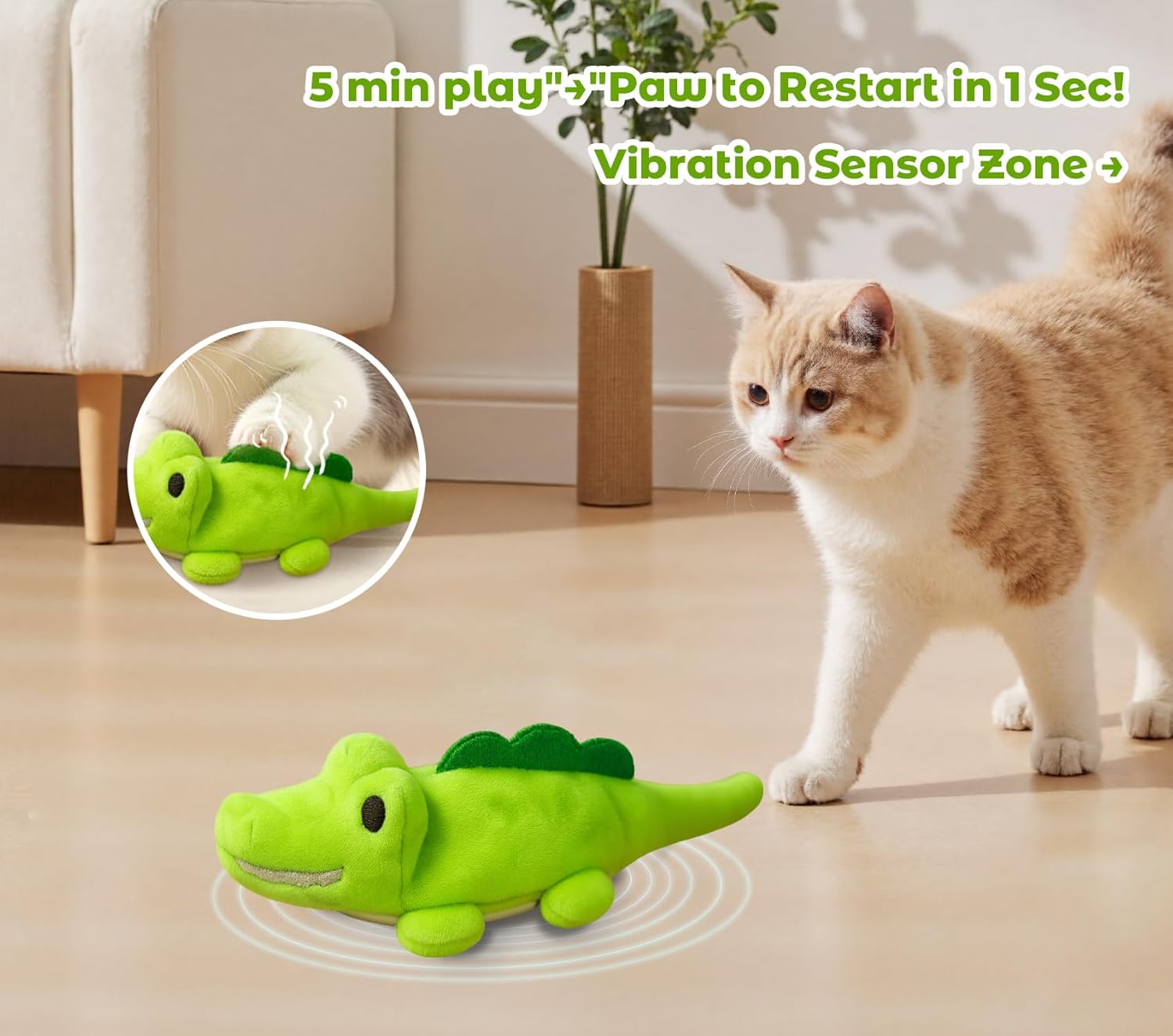 Interactive Cat Toys for Indoor Cats - Automatic Moving Cat Chase Toy for Bored Indoor Adult Cats - 360° Random Movement, Tail Wagging & Catnip Stimulation - Electric Croc(Short Plush)